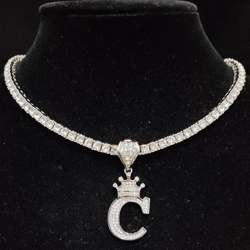 Custom Block Crown Initial Pendant Tennis Chain