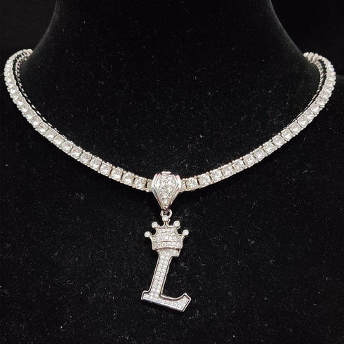 Custom Block Crown Initial Pendant Tennis Chain