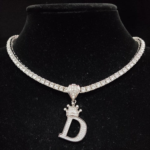 Custom Block Crown Initial Pendant Tennis Chain