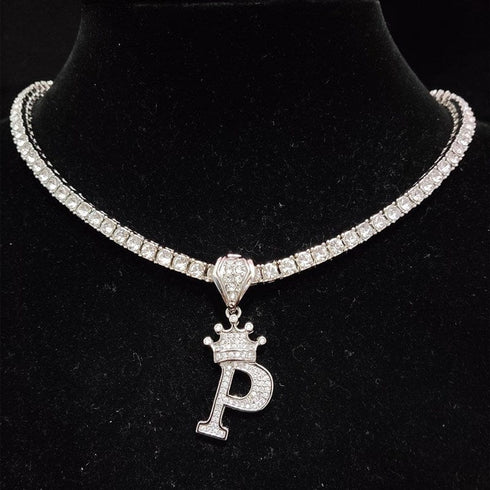 Custom Block Crown Initial Pendant Tennis Chain
