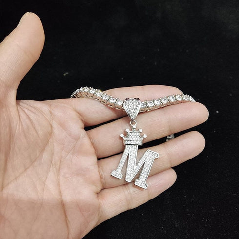Custom Block Crown Initial Pendant Tennis Chain
