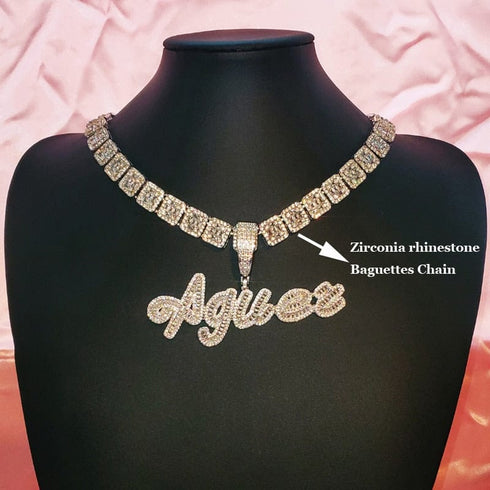 Custom Brush Script Name Pendant with FREE Baguette Tennis Chain