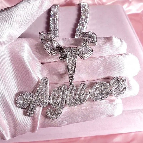 Custom Brush Script Name Pendant with FREE Baguette Tennis Chain