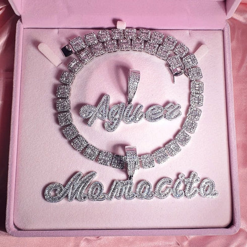 Custom Brush Script Name Pendant with FREE Baguette Tennis Chain