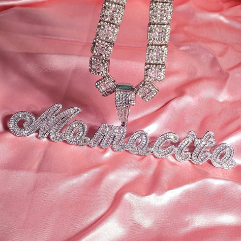 Custom Brush Script Name Pendant with FREE Baguette Tennis Chain