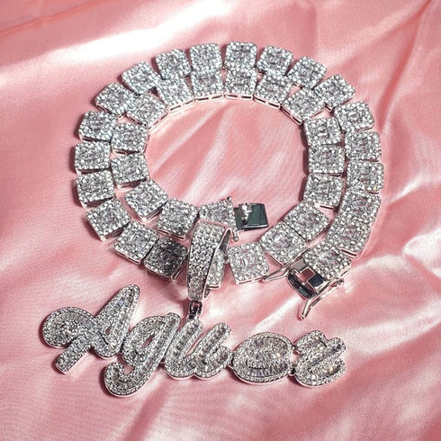 Custom Brush Script Name Pendant with FREE Baguette Tennis Chain
