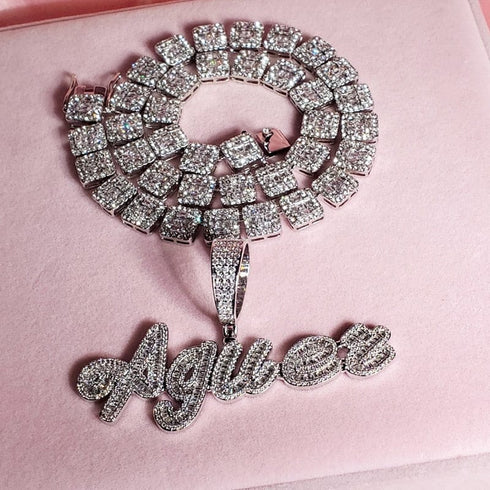 Custom Brush Script Name Pendant with FREE Baguette Tennis Chain