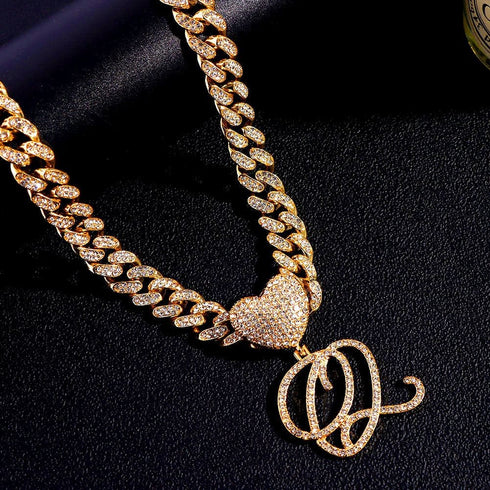 Custom Initial Cuban Heart Pendant Necklace + FREE Tennis Chain
