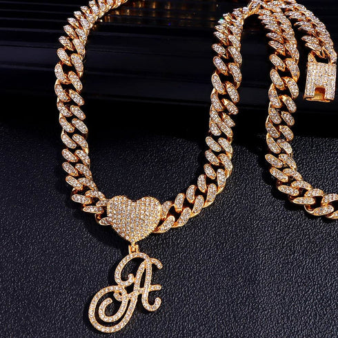 Custom Initial Cuban Heart Pendant Necklace + FREE Tennis Chain