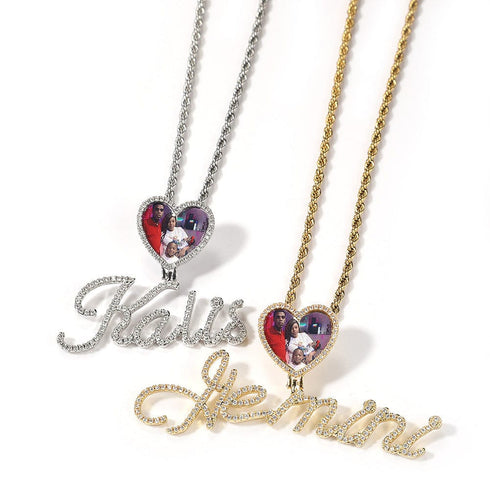 Custom Heart Photo Pendant with Cursive Letter Pendant Necklace
