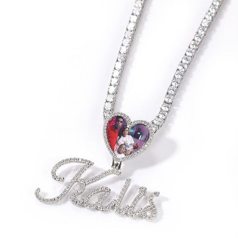Custom Heart Photo Pendant with Cursive Letter Pendant Necklace