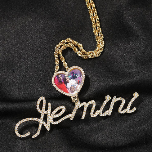 Custom Heart Photo Pendant with Cursive Letter Pendant Necklace