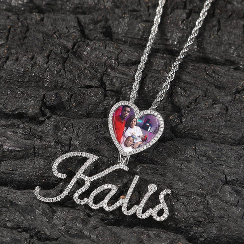Custom Heart Photo Pendant with Cursive Letter Pendant Necklace