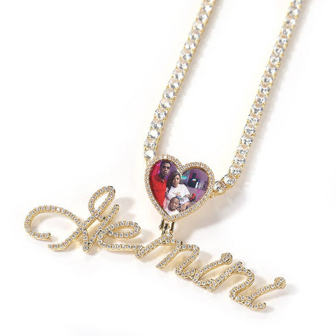 Custom Heart Photo Pendant with Cursive Letter Pendant Necklace