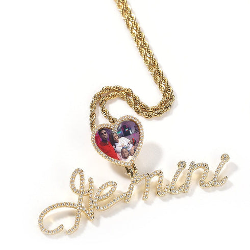 Custom Heart Photo Pendant with Cursive Letter Pendant Necklace