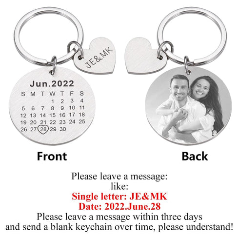 Custom Name and Photo Couple Keychain with Calendar Date