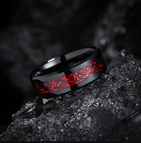Dragon 8mm Black Red Celtic Dragon Tungsten Carbide