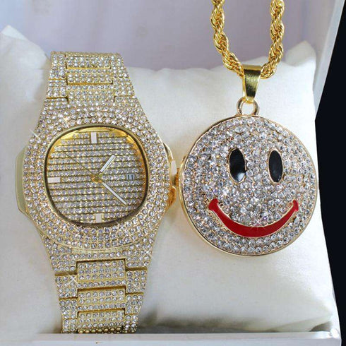 Iced Smiley Pendant + Watch Gift Set