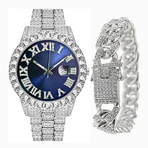 Fully Iced Bling Watch + Cuban Bracelet Bundle