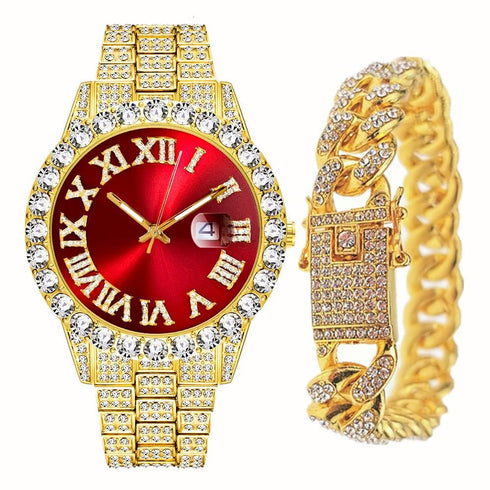 Fully Iced Bling Watch + Cuban Bracelet Bundle