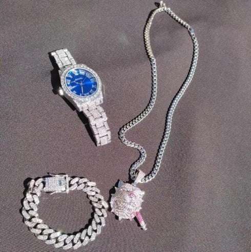 Fully Iced Bully Cuban Chain and Watch + FREE Cuban Bracelet