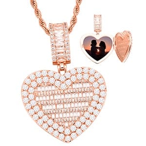 Fully Iced Custom Heart Baguette Photo Pendant Necklace