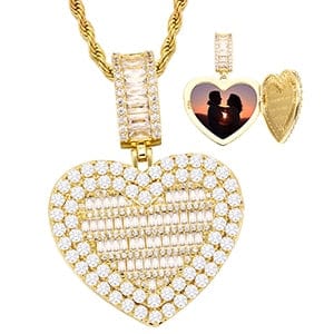 Fully Iced Custom Heart Baguette Photo Pendant Necklace