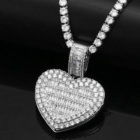 Fully Iced Custom Heart Baguette Photo Pendant Necklace