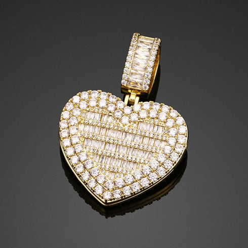 Fully Iced Custom Heart Baguette Photo Pendant Necklace