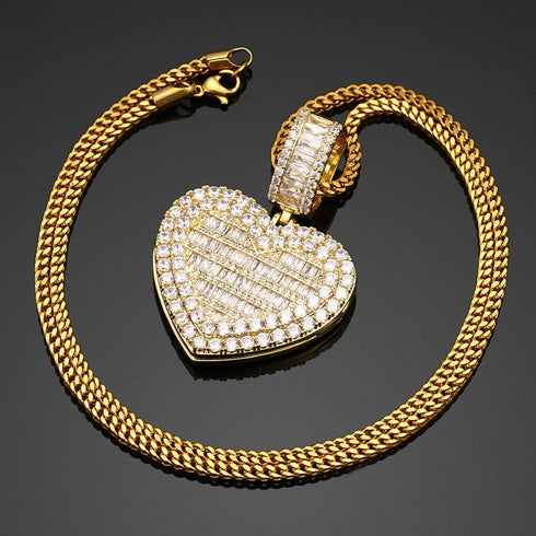 Fully Iced Custom Heart Baguette Photo Pendant Necklace