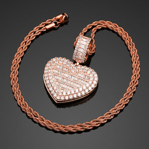 Fully Iced Custom Heart Baguette Photo Pendant Necklace