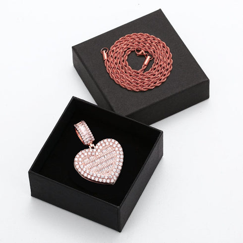 Fully Iced Custom Heart Baguette Photo Pendant Necklace