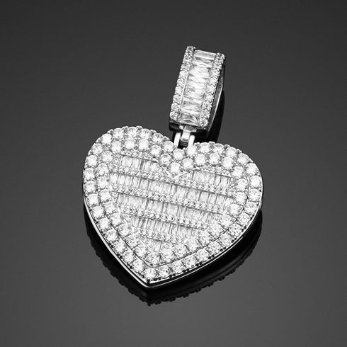 Fully Iced Custom Heart Baguette Photo Pendant Necklace
