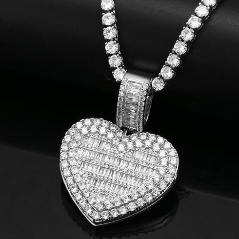 Fully Iced Custom Heart Baguette Photo Pendant Necklace