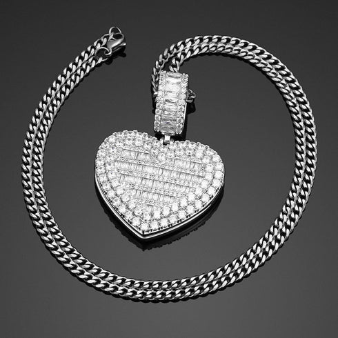 Fully Iced Custom Heart Baguette Photo Pendant Necklace