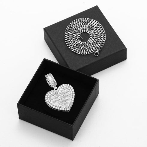 Fully Iced Custom Heart Baguette Photo Pendant Necklace