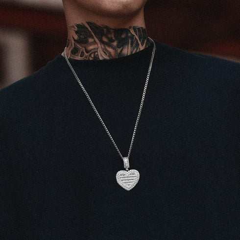 Fully Iced Custom Heart Baguette Photo Pendant Necklace