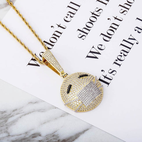 Fully Iced Out face mask emoji pendant Necklace