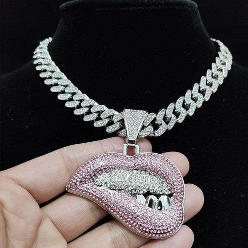 Fully Iced Out Pink Biting Lip Cuban Pendant Chain