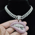Fully Iced Out Pink Biting Lip Cuban Pendant Chain