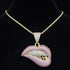 Fully Iced Out Pink Biting Lip Cuban Pendant Chain