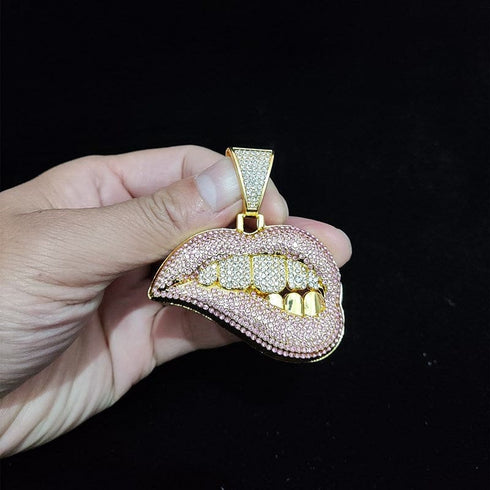 Fully Iced Out Pink Biting Lip Cuban Pendant Chain