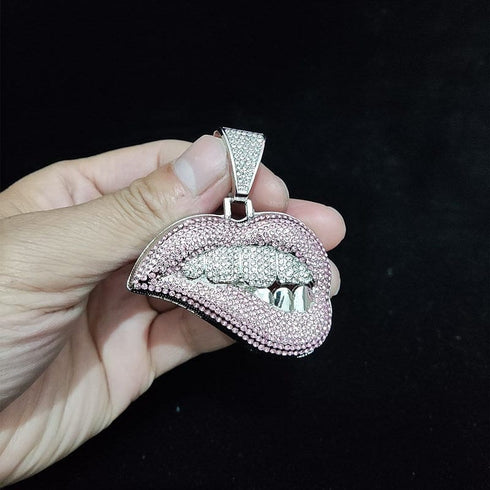 Fully Iced Out Pink Biting Lip Cuban Pendant Chain