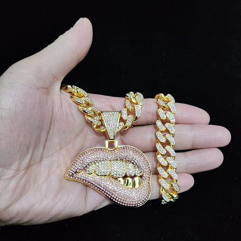 Fully Iced Out Pink Biting Lip Cuban Pendant Chain
