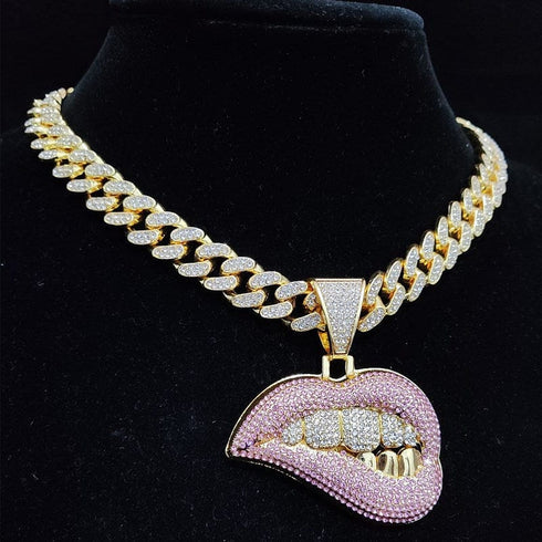 Fully Iced Out Pink Biting Lip Cuban Pendant Chain