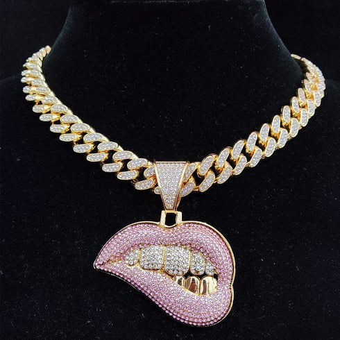 Fully Iced Out Pink Biting Lip Cuban Pendant Chain