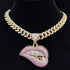 Fully Iced Out Pink Biting Lip Cuban Pendant Chain