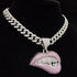 Fully Iced Out Pink Biting Lip Cuban Pendant Chain