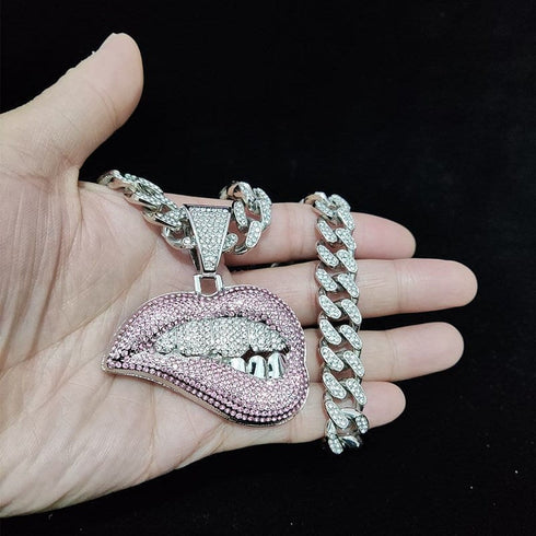 Fully Iced Out Pink Biting Lip Cuban Pendant Chain