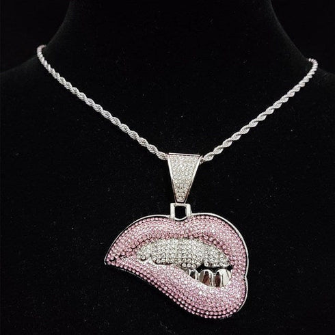 Fully Iced Out Pink Biting Lip Cuban Pendant Chain